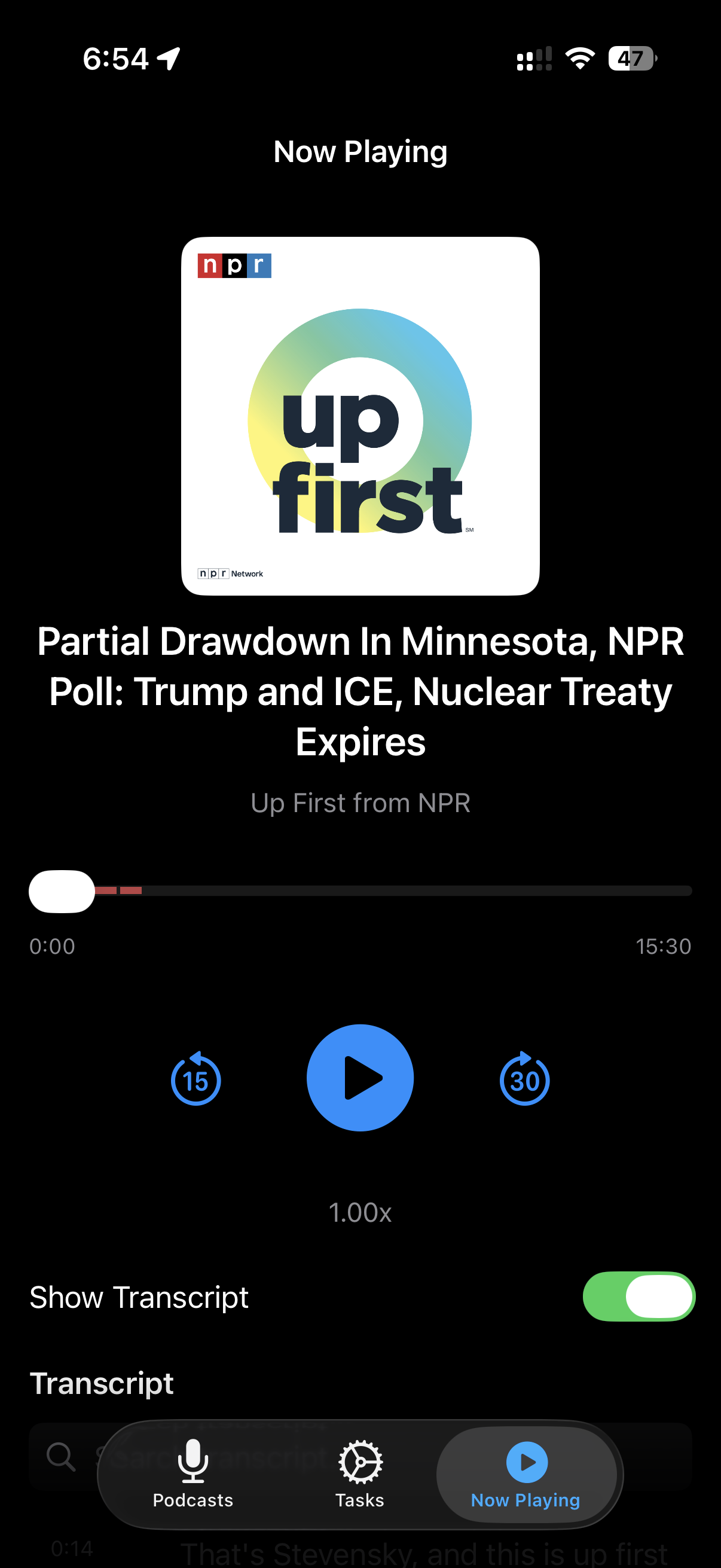 Now Playing screen with playback controls and transcript