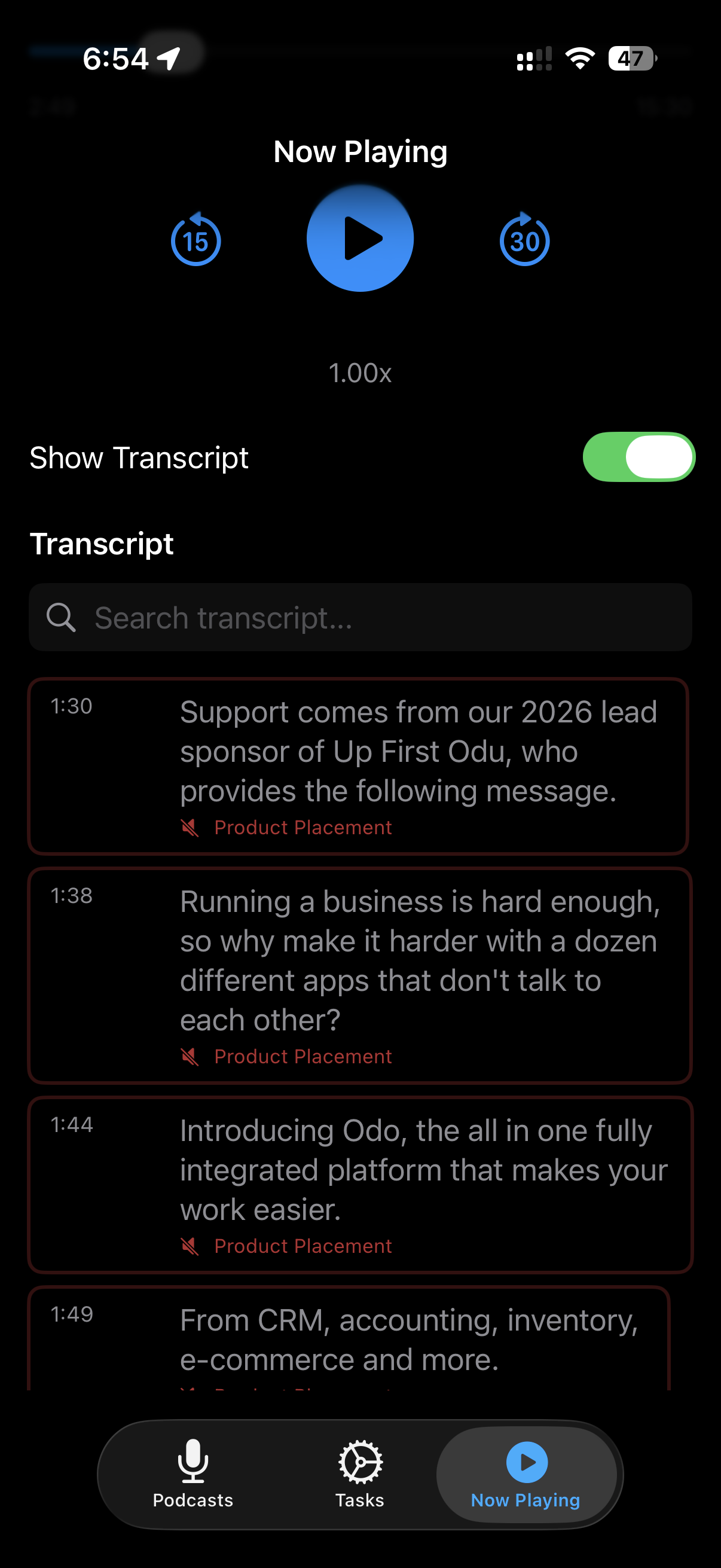 Transcript view with ad segments highlighted
